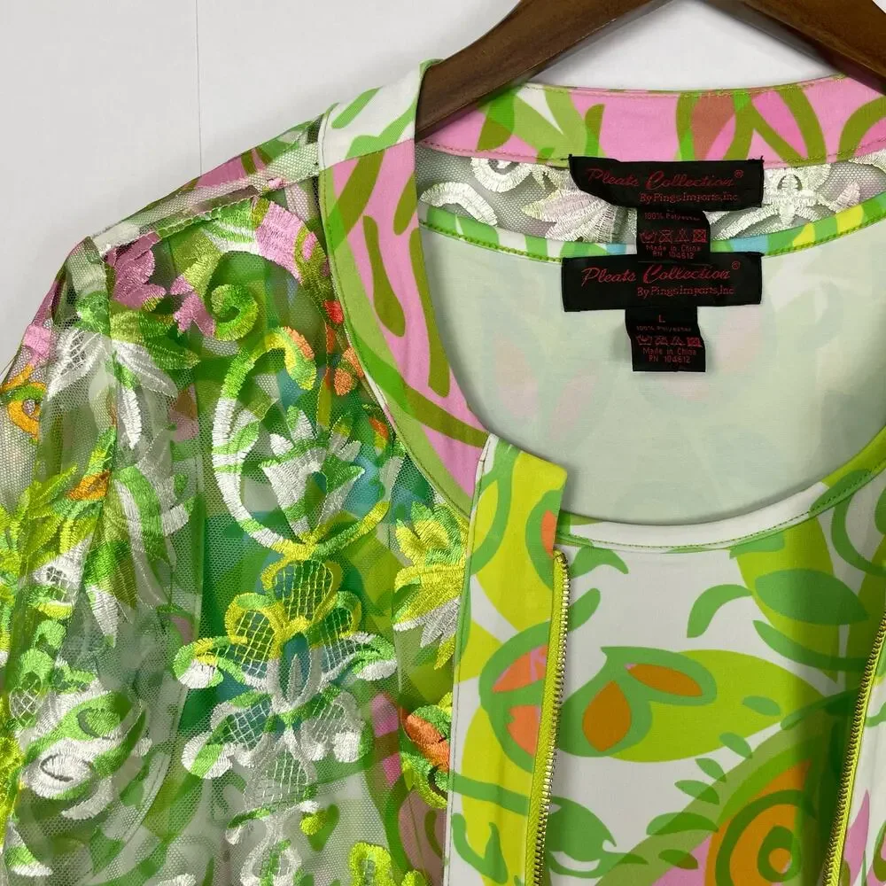Pleats Collection | Bright Neon Green & Pink Floral Lace Sheer Jacket Tank Set